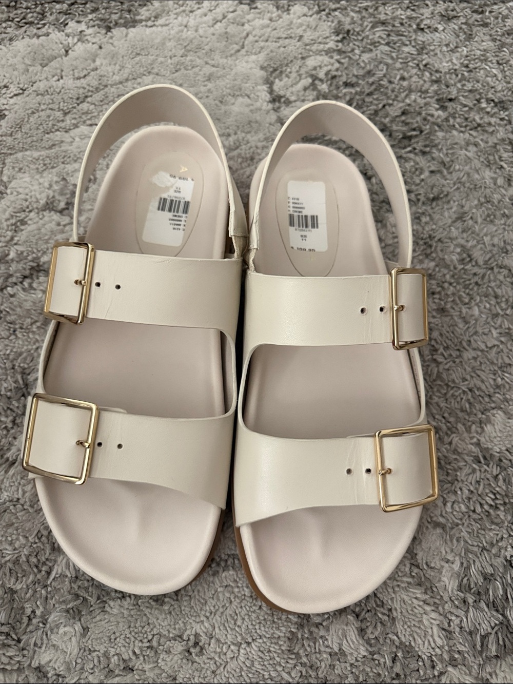 Anthropologie Cream Double-Buckle Slide Sandals with Gold Buckles